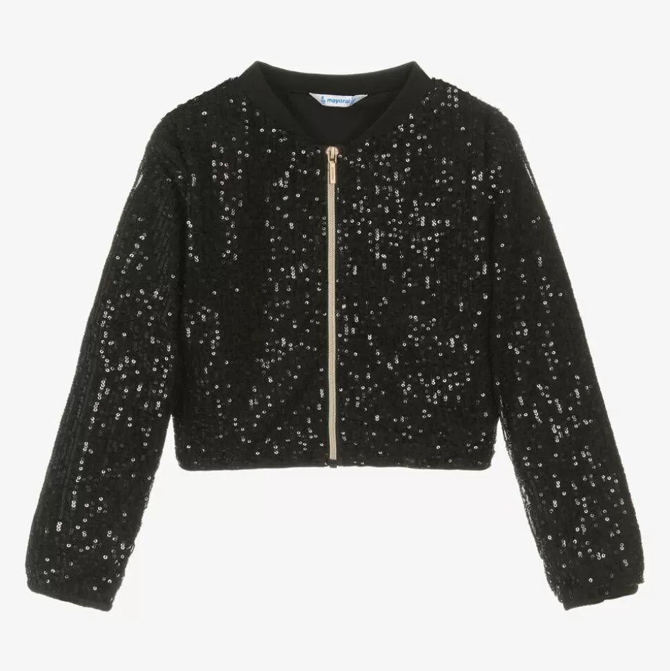 Mayoral Girls Black Sequin Zip-Up Top^ Tops