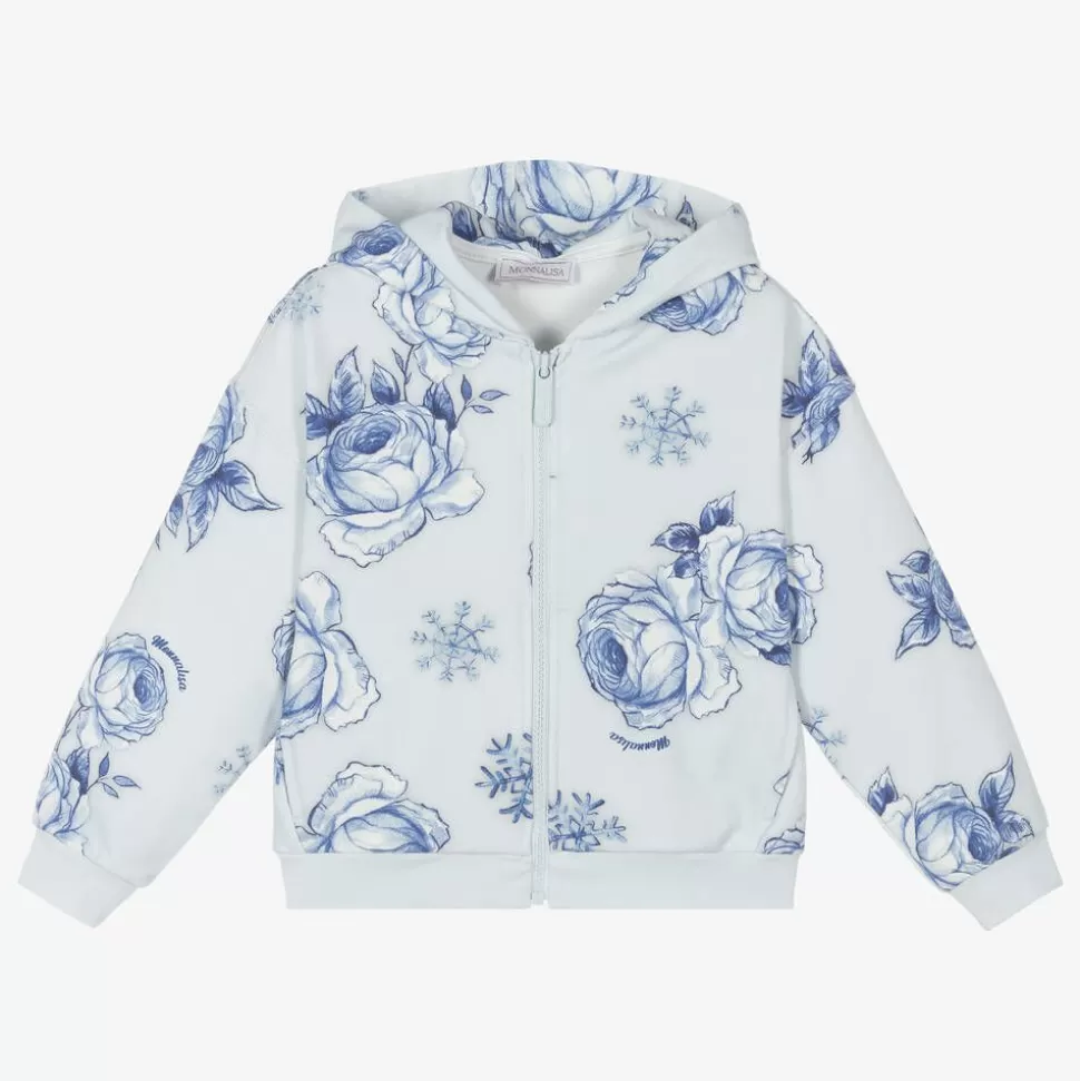 Monnalisa Girls Blue Floral Cotton Zip-Up Hoodie^ Tops