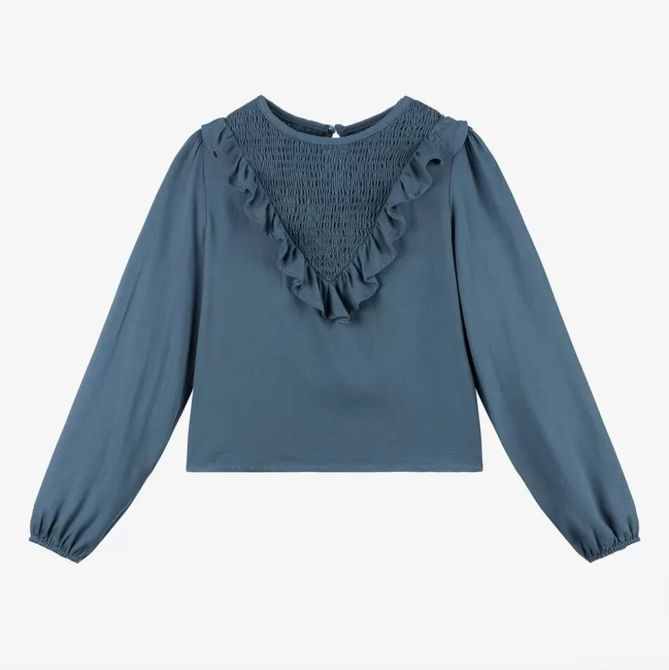 Mayoral Girls Blue Viscose Frill Blouse^ Tops