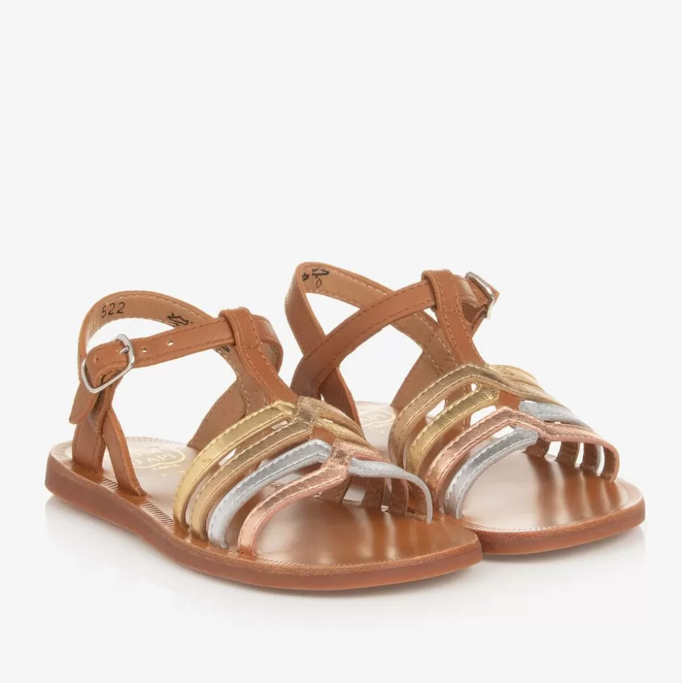 Pom dApi Girls Brown & Metallic Leather Sandals^ Sandals | Sandals