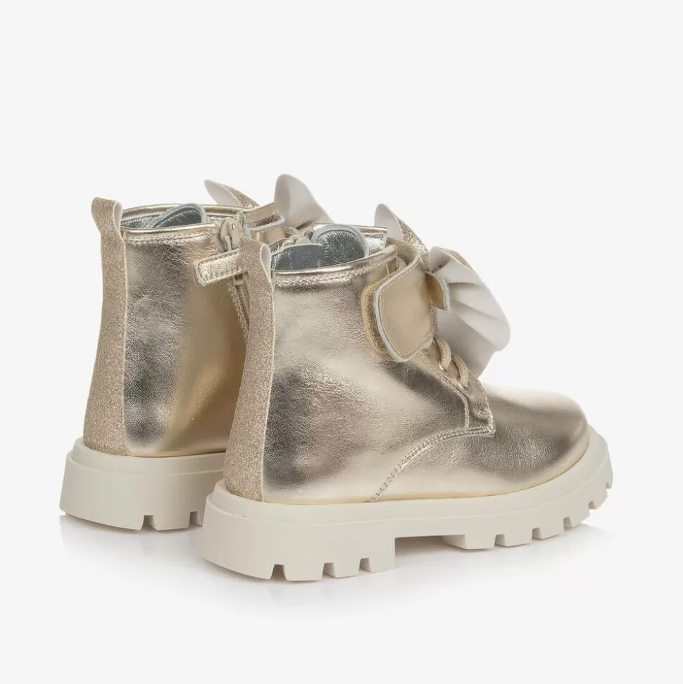 Monnalisa Girls Gold Leather Bow Ankle Boots^ Boots