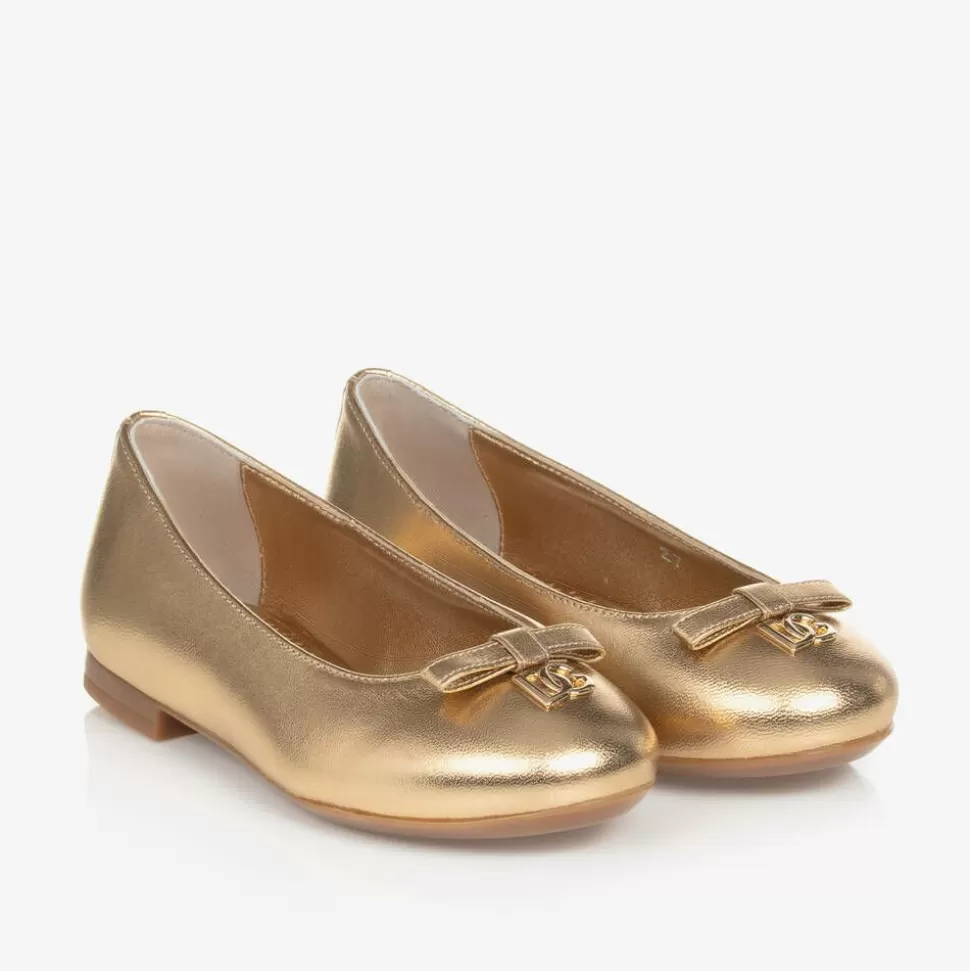 Dolce amp; Gabbana Girls Gold Leather DG Ballerina Pumps^ Pumps & Ballerinas | Pumps & Ballerinas