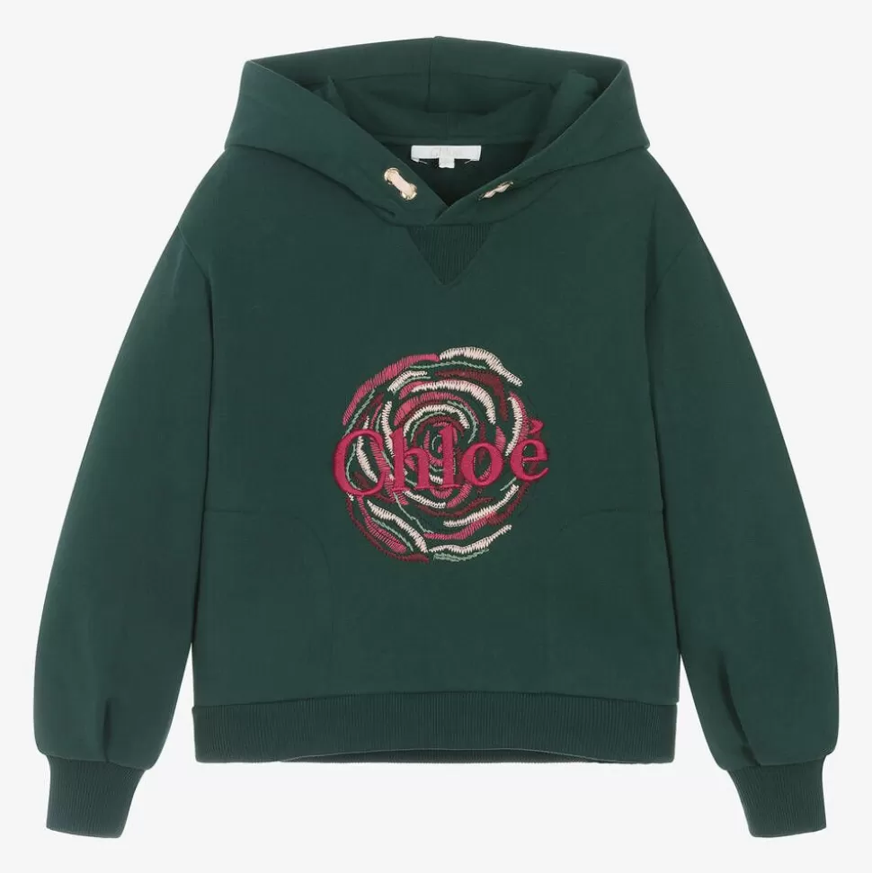 Chloé Girls Green Embroidered Cotton Hoodie^ Tops