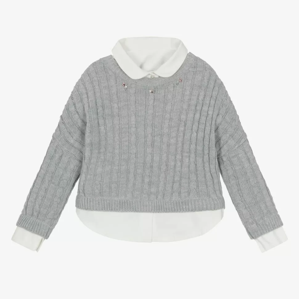 Lapin House Girls Grey Cable Knit Layered Sweater^ Tops