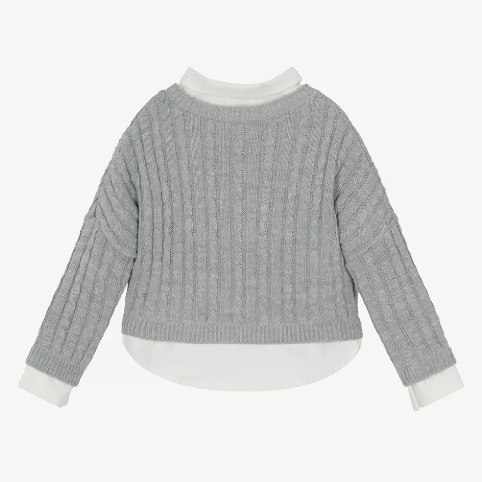 Lapin House Girls Grey Cable Knit Layered Sweater^ Tops