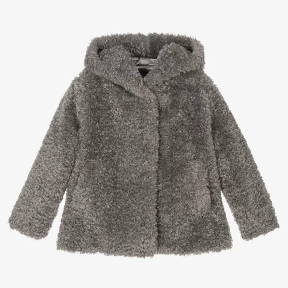 Monnalisa Girls Grey Hooded Faux Fur Coat^ Coats & Jackets