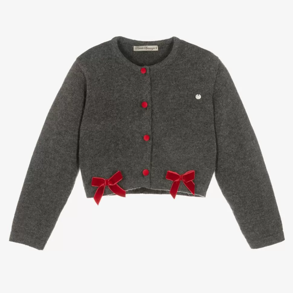 Piccola Speranza Girls Grey Wool & Red Velvet Bow Cardigan^ Tops