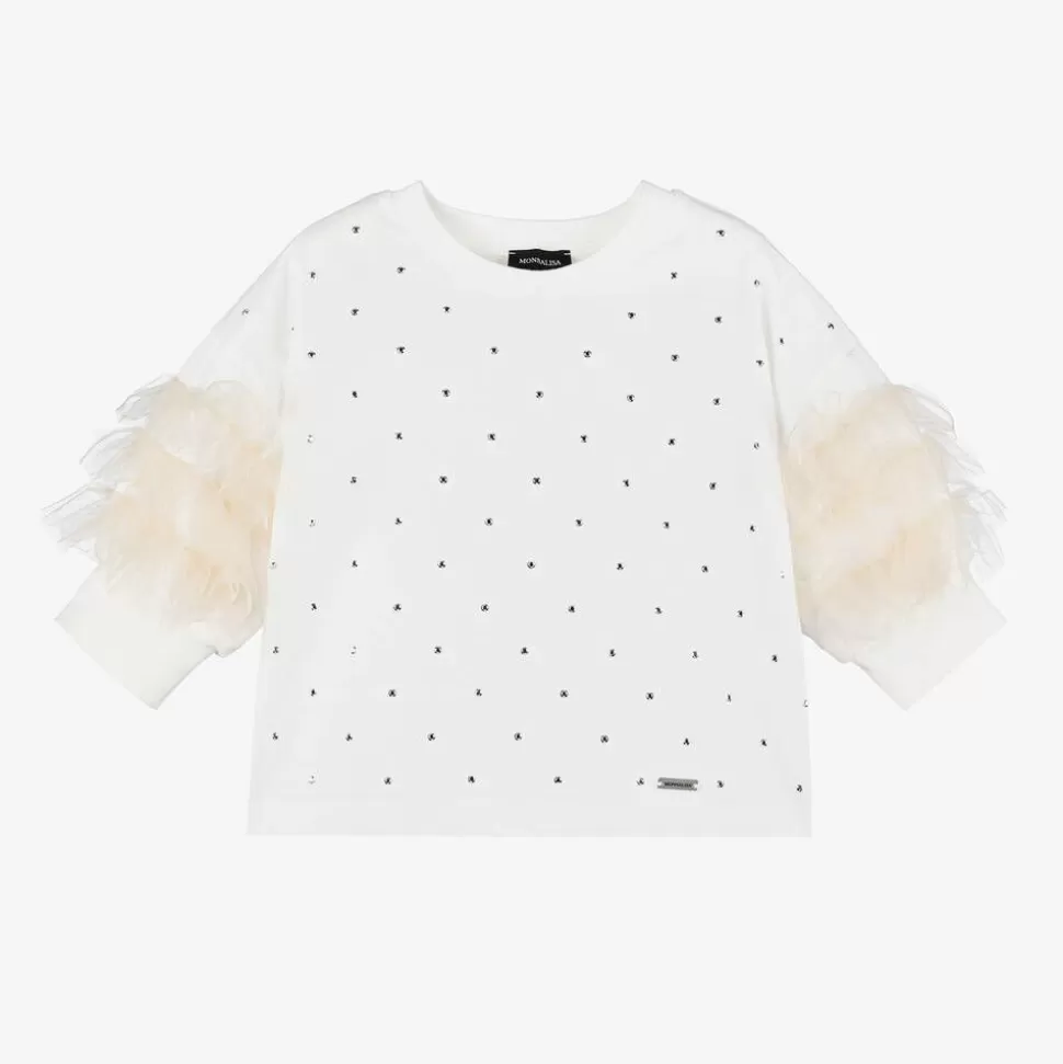 Monnalisa Girls Ivory Cotton & Tulle Stud T-Shirt^ Tops