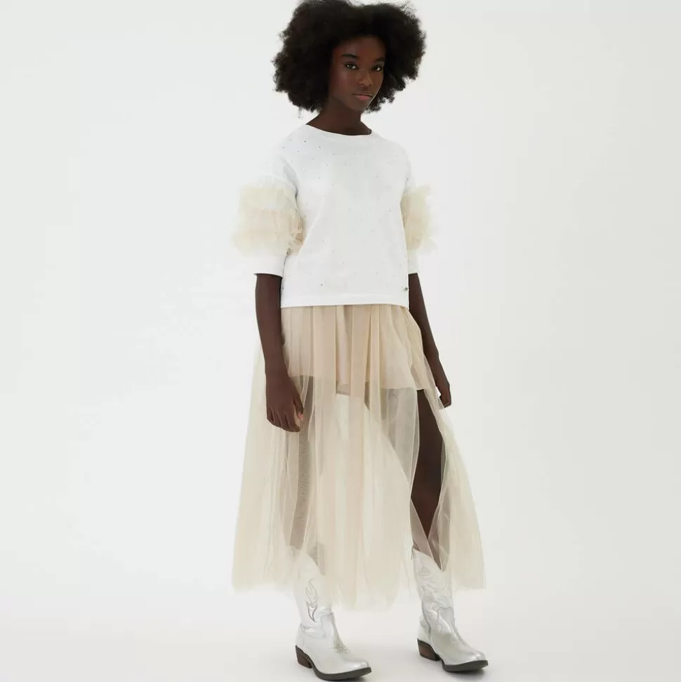 Monnalisa Girls Ivory Cotton & Tulle Stud T-Shirt^ Tops
