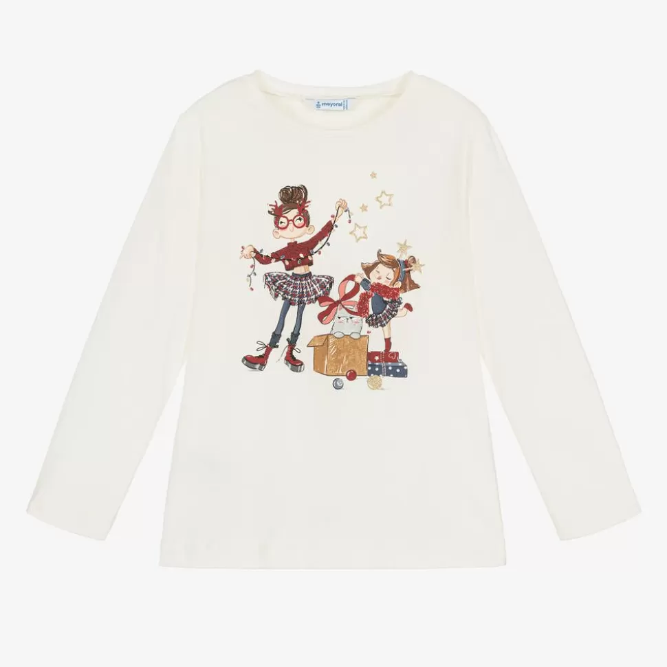 Mayoral Girls Ivory Cotton Festive Top^ Tops