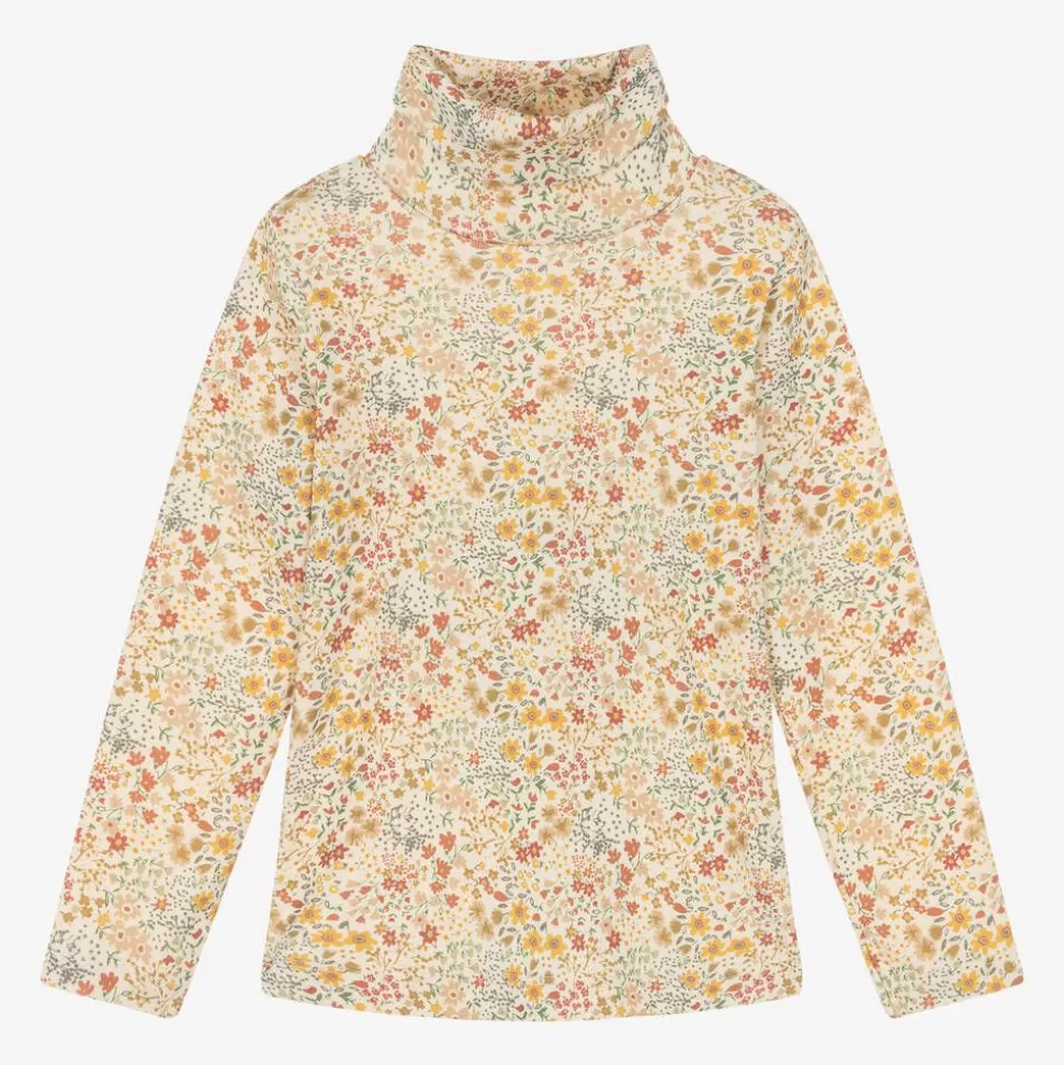 Petit Bateau Girls Ivory Cotton Floral Roll Neck Top^ Tops