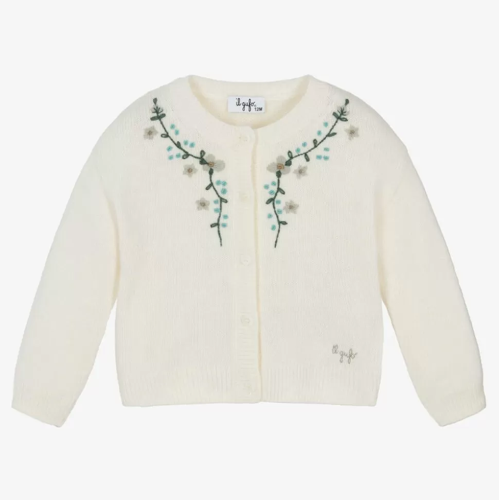 Il Gufo Girls Ivory Embroidered Wool Knit Cardigan^ Tops