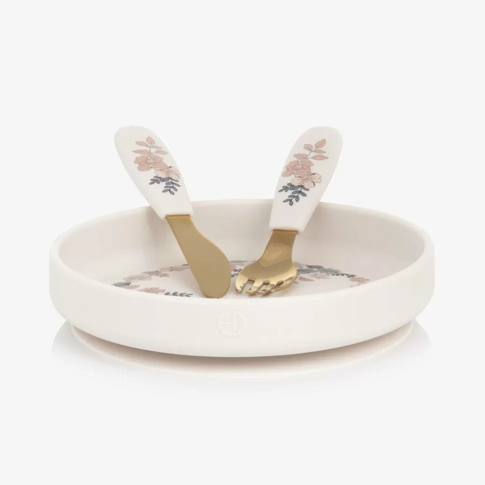 Elodie Girls Ivory Floral Silicone Plate & Cutlery Set^ Lunch Accessories