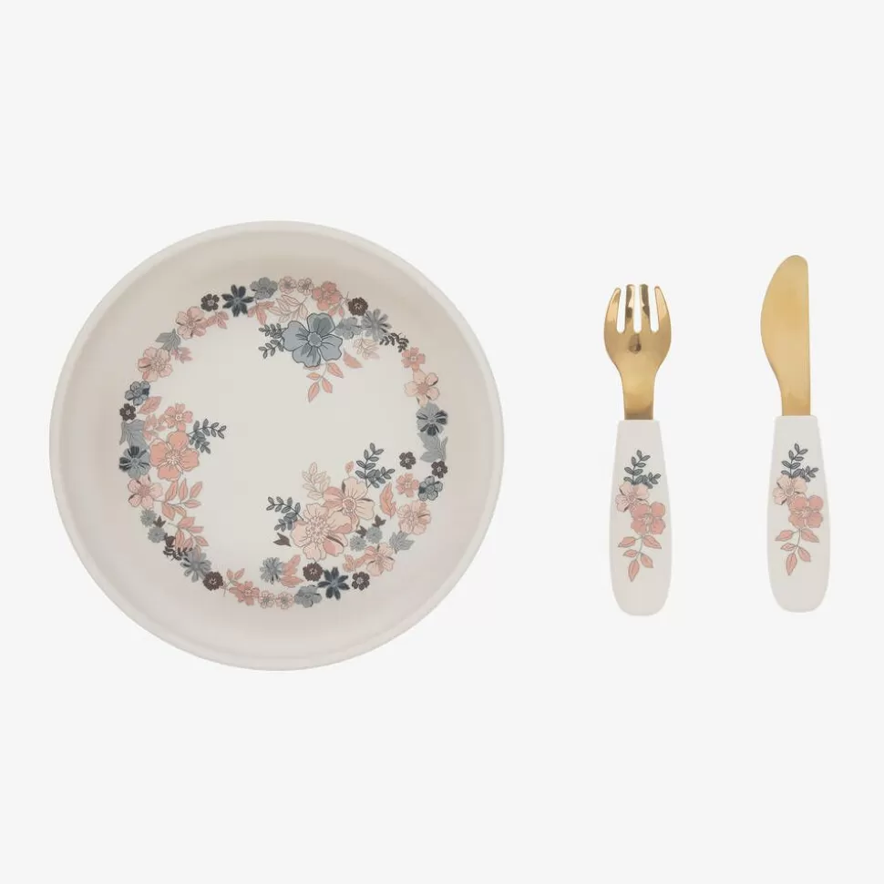 Elodie Girls Ivory Floral Silicone Plate & Cutlery Set^ Lunch Accessories