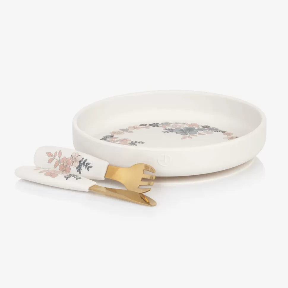 Elodie Girls Ivory Floral Silicone Plate & Cutlery Set^ Lunch Accessories