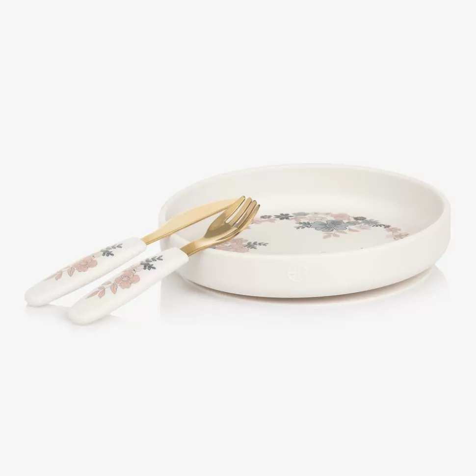 Elodie Girls Ivory Floral Silicone Plate & Cutlery Set^ Lunch Accessories
