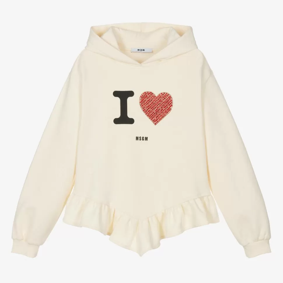 MSGM Girls Ivory Rhinestone Heart Hoodie^ Tops