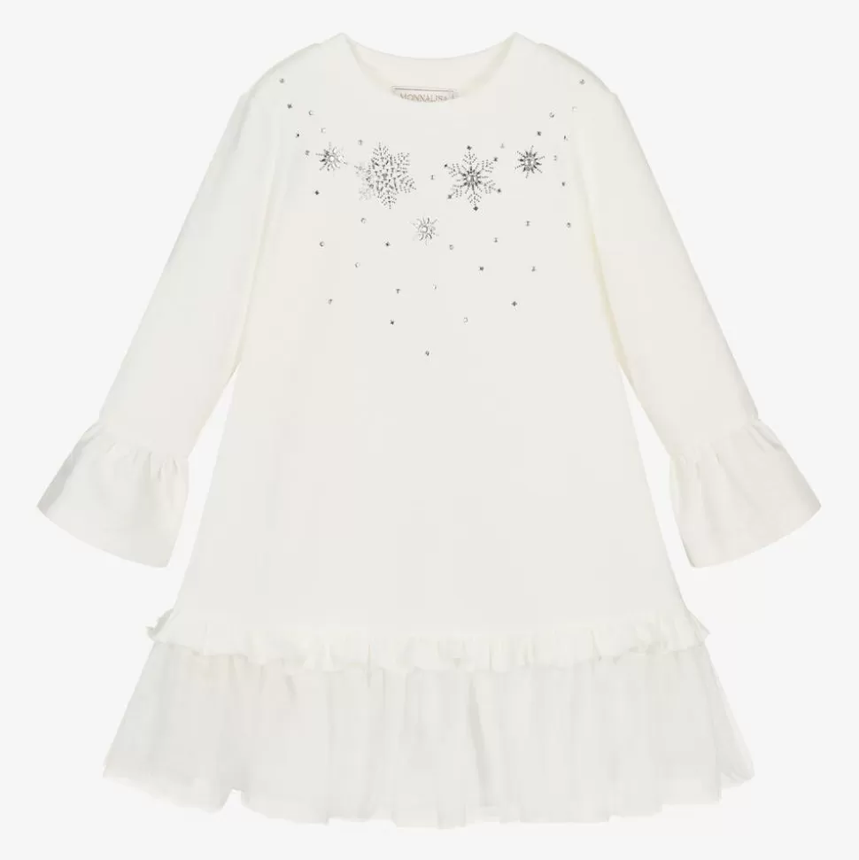 Monnalisa Girls Ivory Snowflake Cotton Dress^ Dresses