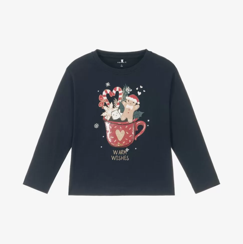 NAME IT Girls Navy Blue Cotton Festive Top^ Tops