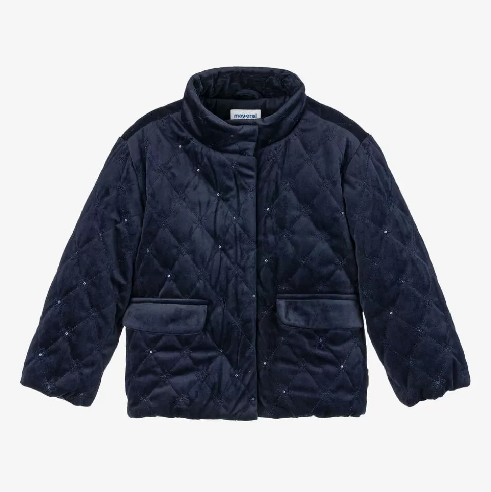 Mayoral Girls Navy Blue Quilted Velvet Jacket^ Coats & Jackets