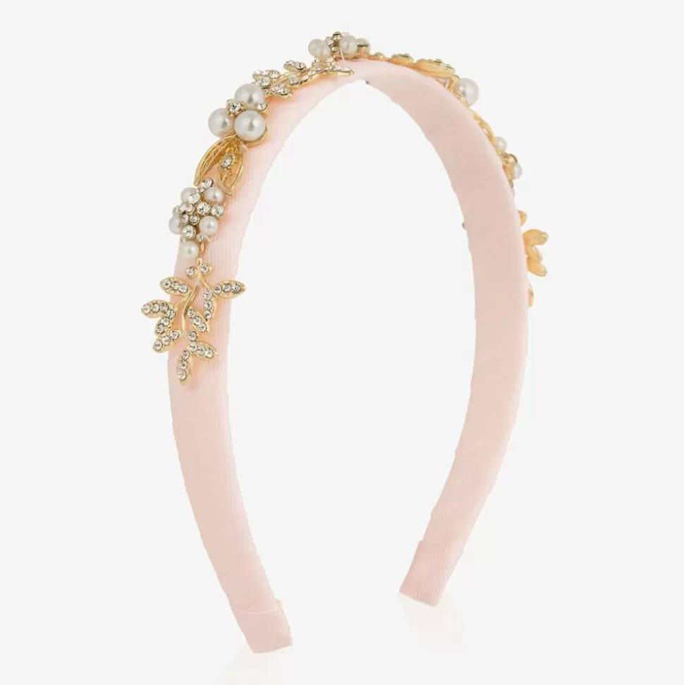 David Charles Girls Pink & Diamanté Leaves Hairband^ Hair Accessories