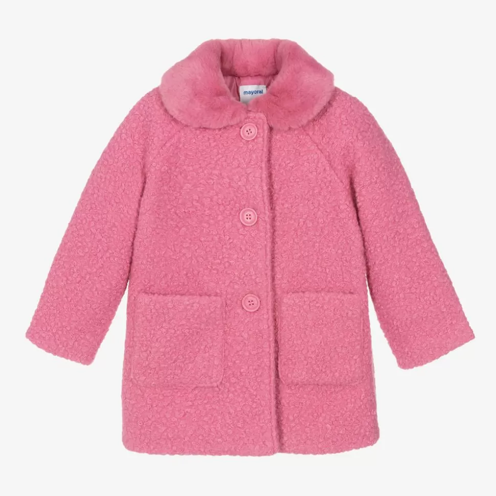Mayoral Girls Pink Bouclé & Faux Fur Collar Coat^ Coats & Jackets