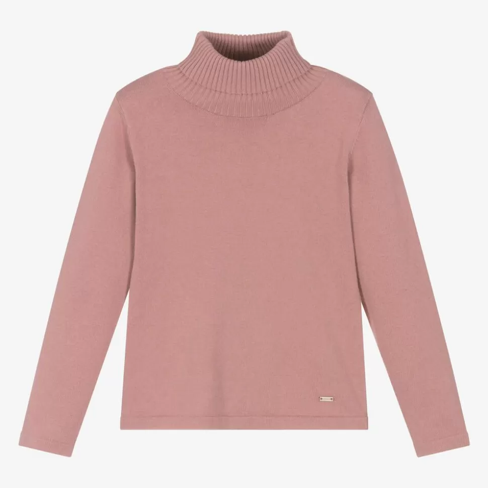 Mayoral Girls Pink Cotton Knit Roll Neck Sweater^ Tops