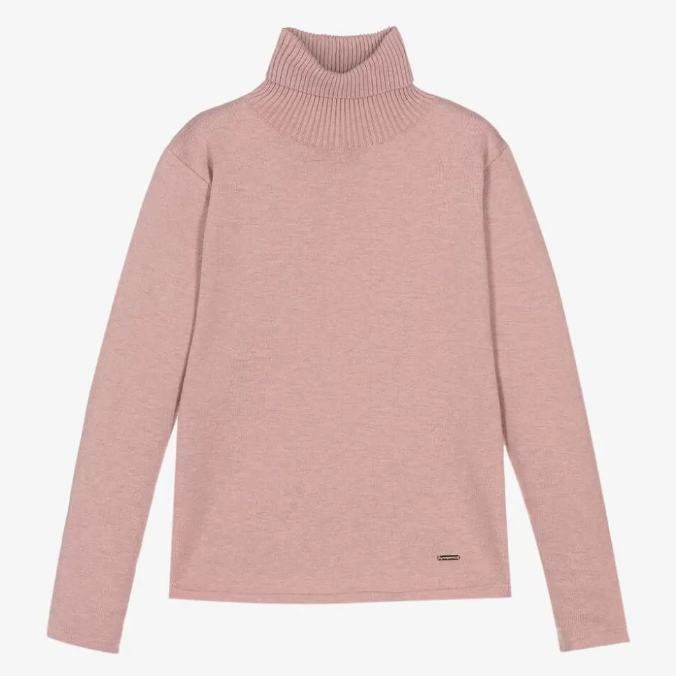 Mayoral Girls Pink Cotton Knit Roll Neck Sweater^ Tops