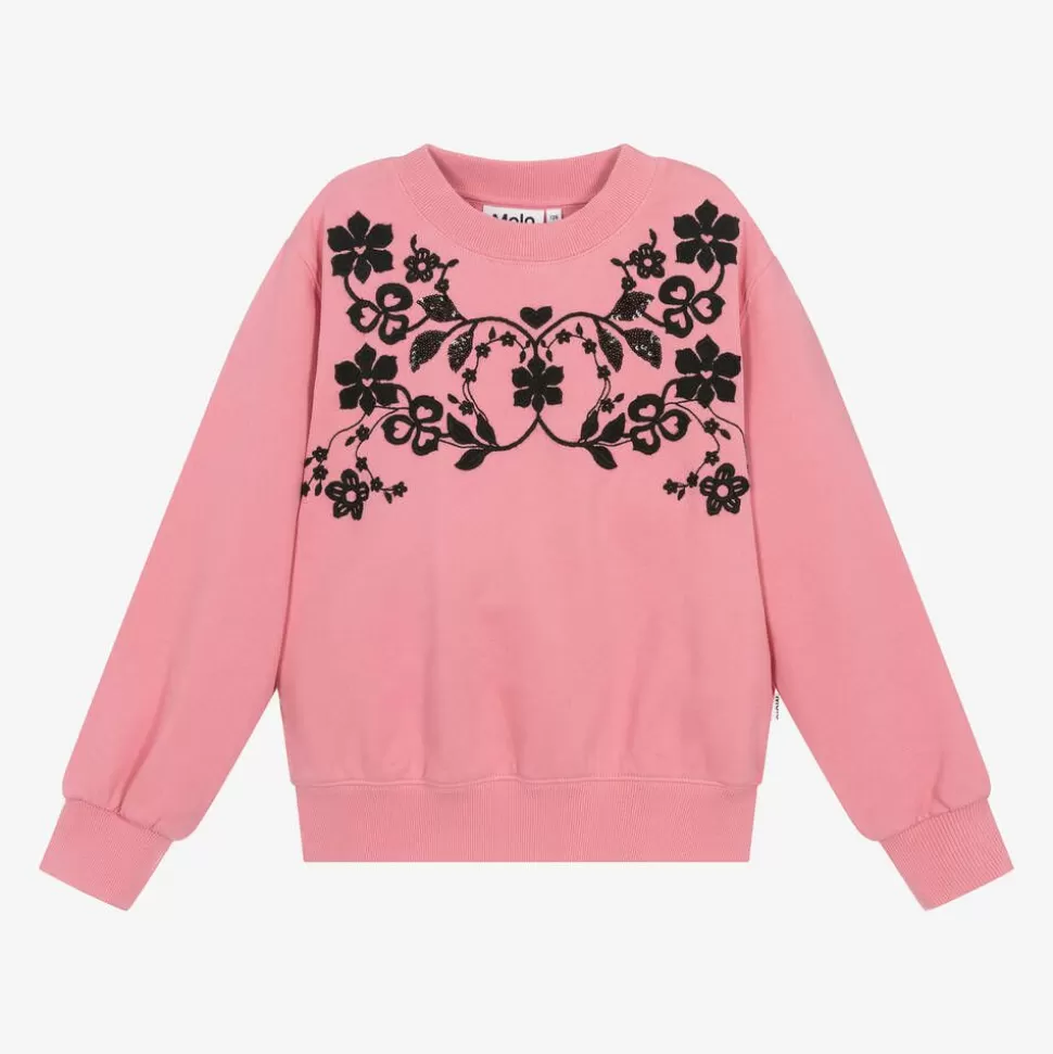 Molo Girls Pink Embroidered Cotton Sweatshirt^ Tops
