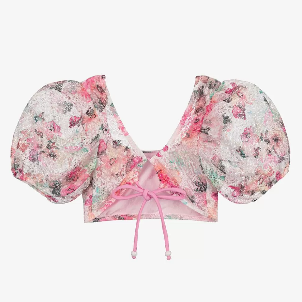 Nessi Byrd Girls Pink Floral Lace Cropped Beach Top (UV50)^ Swimwear