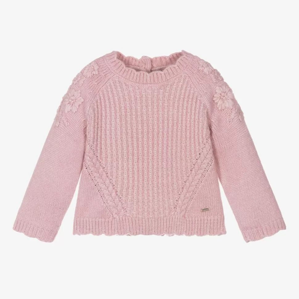 Mayoral Girls Pink Knitted Flower Sweater^ Tops