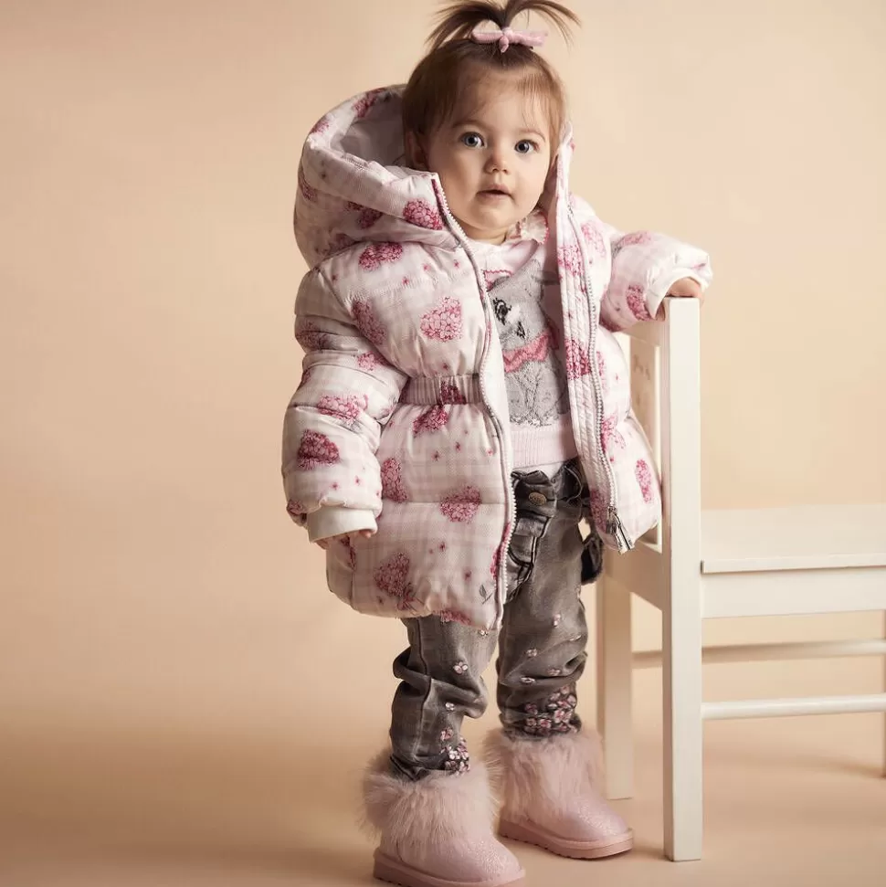 Monnalisa Girls Pink Puffer Flower Hooded Coat^ Coats & Jackets
