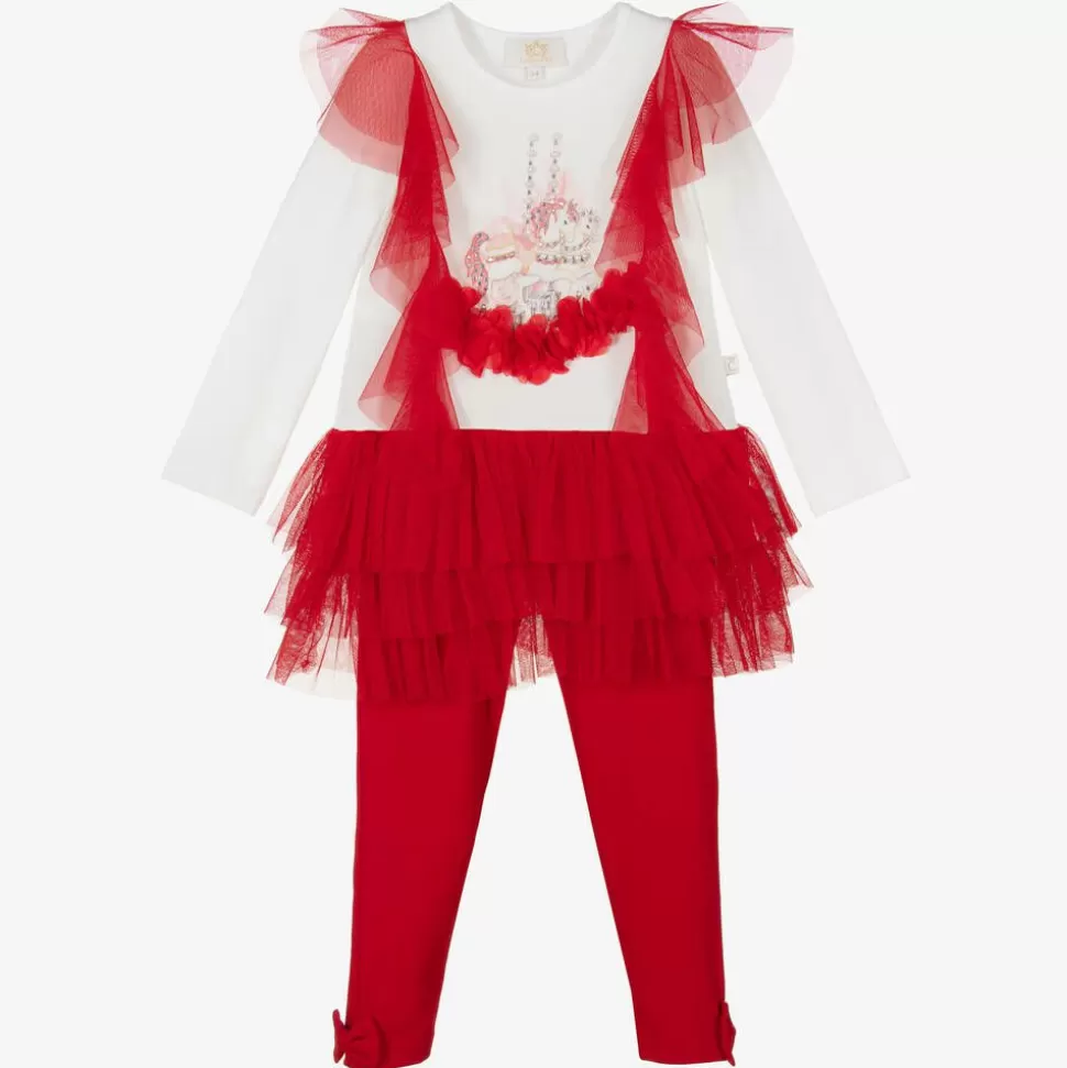 Caramelo Kids Girls Red & White Cotton Leggings Set^ Outfit Sets