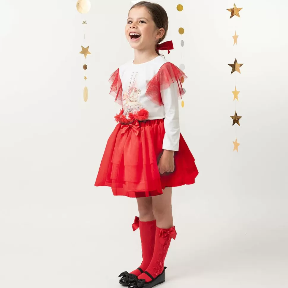 Caramelo Kids Girls Red & White Cotton Skirt Set^ Outfit Sets
