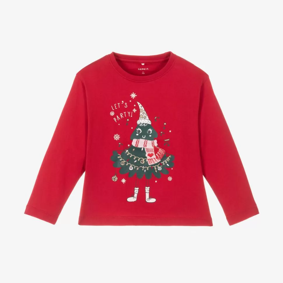 NAME IT Girls Red Cotton Festive Top^ Tops