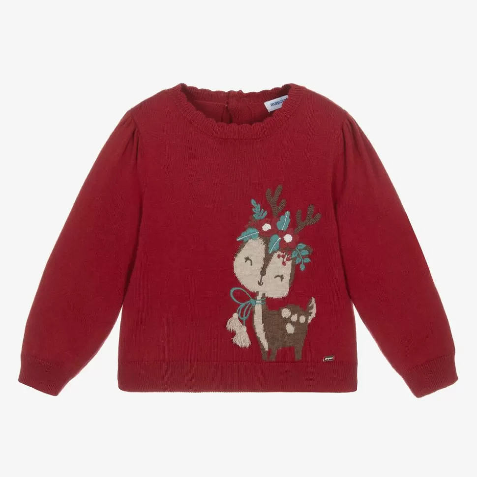 Mayoral Girls Red Cotton Knit Reindeer Jumper^ Tops
