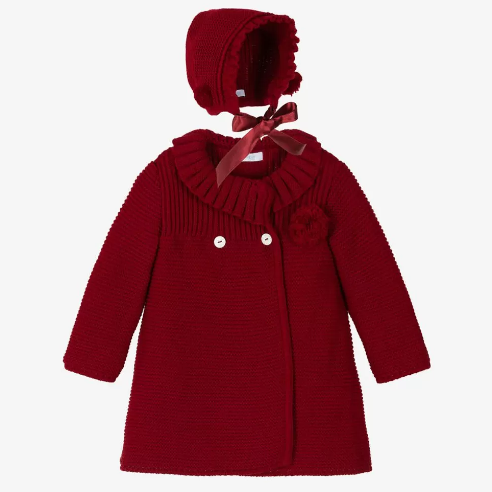 Foque Girls Red Knitted Pram Coat & Bonnet Set^ Coats & Jackets