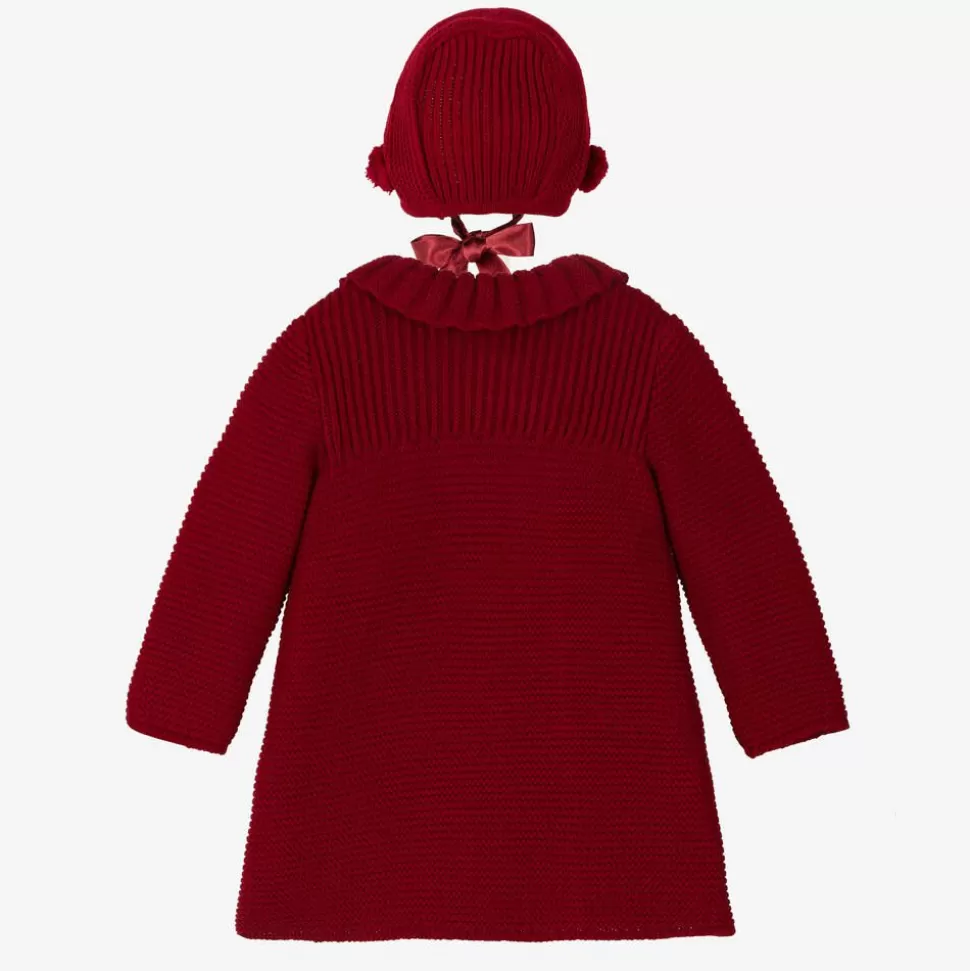 Foque Girls Red Knitted Pram Coat & Bonnet Set^ Coats & Jackets