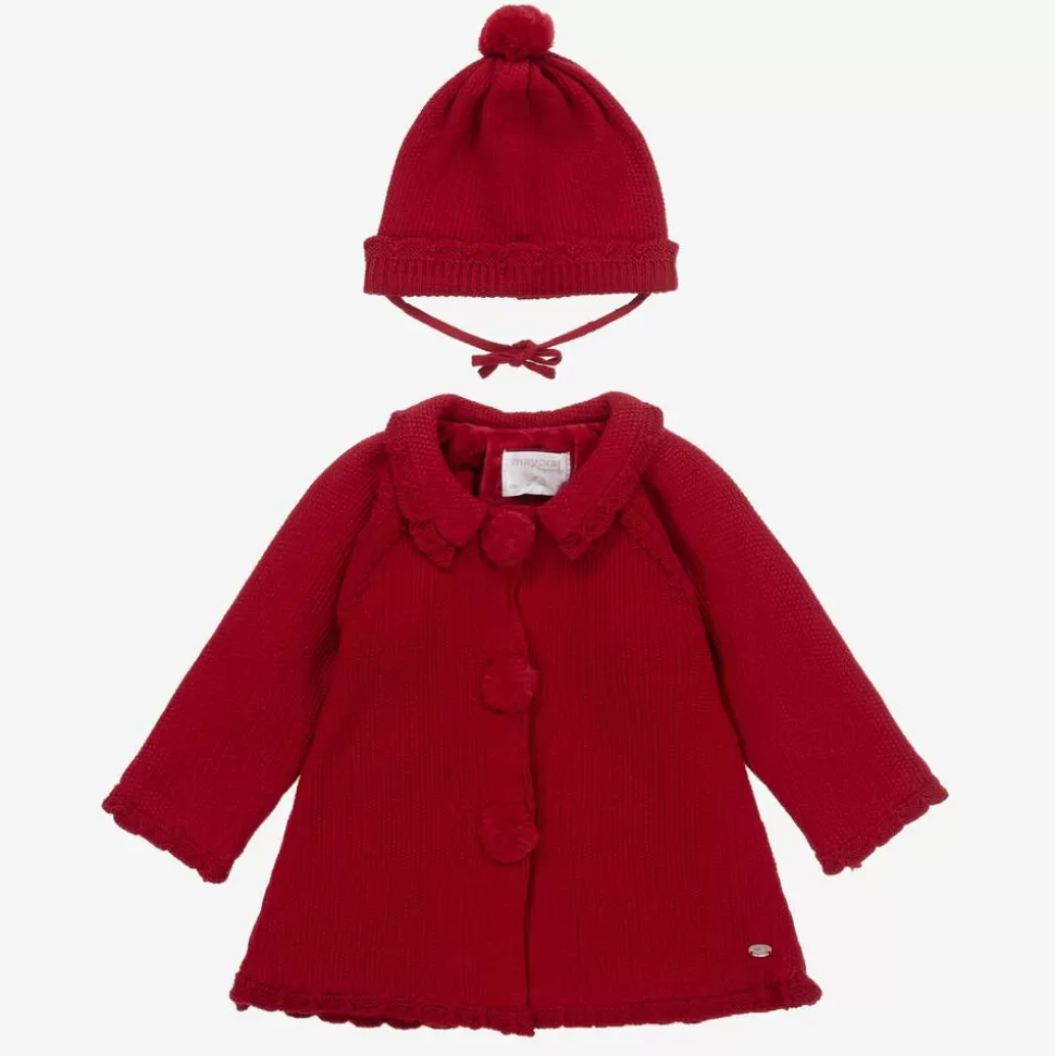 Mayoral Girls Red Knitted Pram Coat & Hat Set^ Coats & Jackets