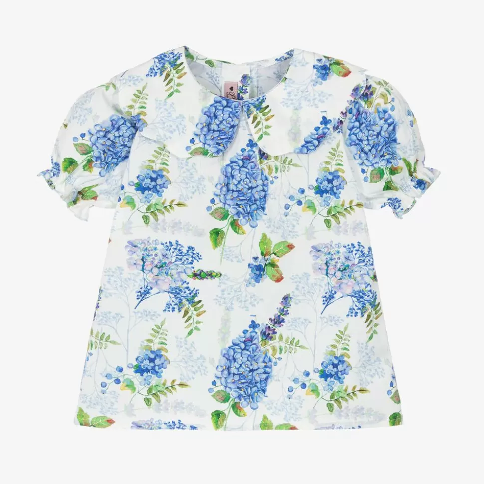 Phi Clothing Girls White & Blue Floral Cotton Blouse^ Tops