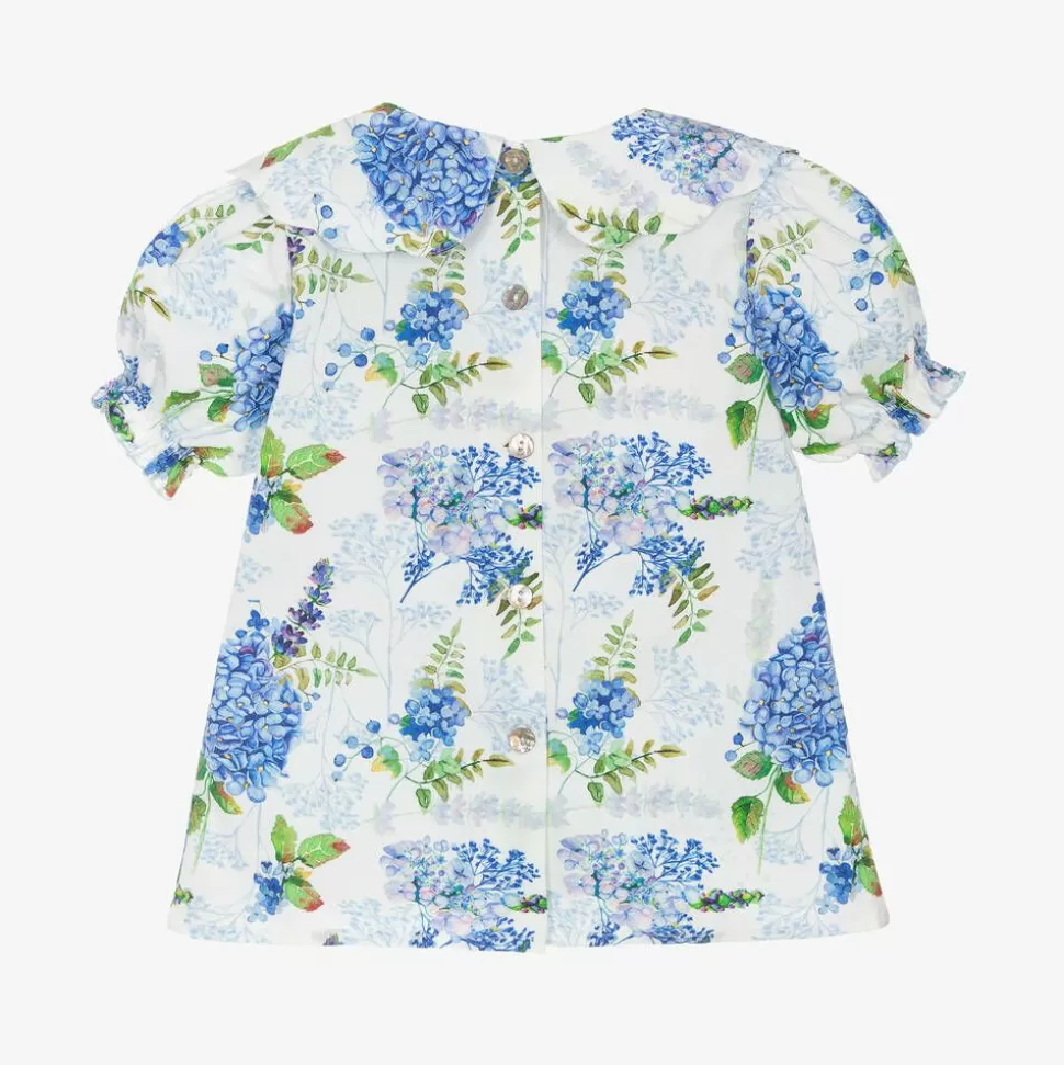 Phi Clothing Girls White & Blue Floral Cotton Blouse^ Tops