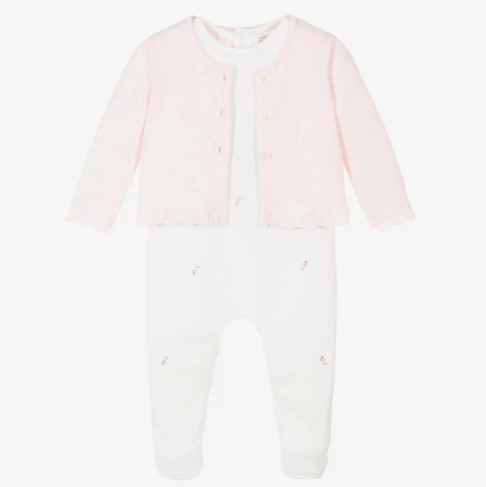 Emile et Rose Girls White & Pink Cotton Babygrow Set^ Babysuits