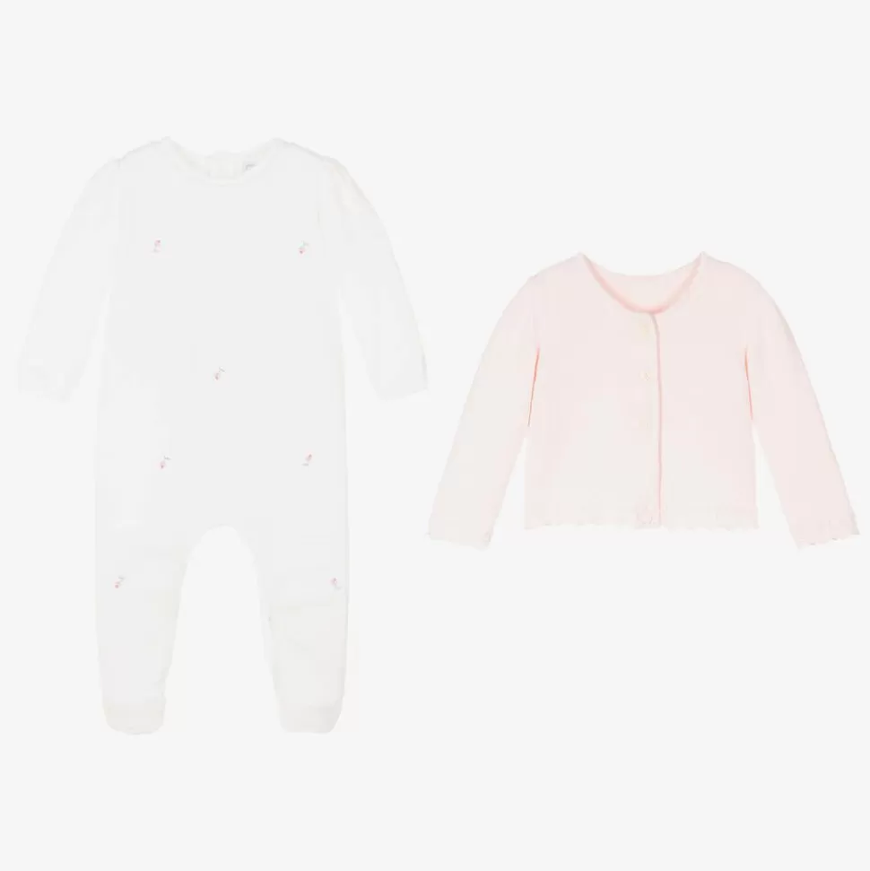 Emile et Rose Girls White & Pink Cotton Babygrow Set^ Babysuits