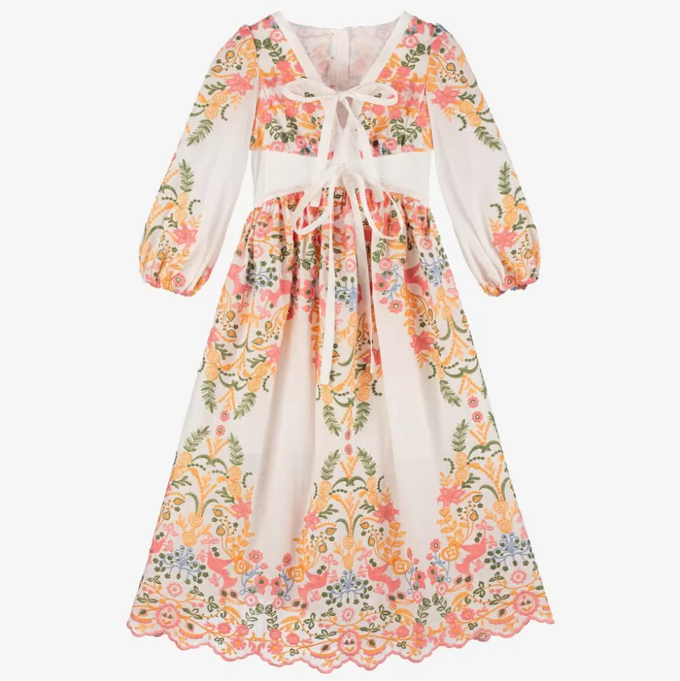 Marlo Kids Girls White Cotton Embroidered Floral Dress^ Dresses