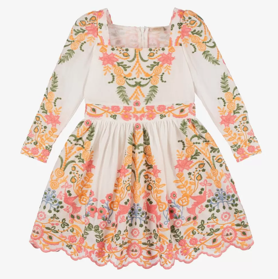 Marlo Kids Girls White Cotton Embroidered Floral Dress^ Dresses