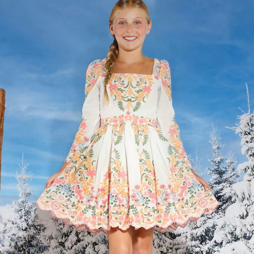 Marlo Kids Girls White Cotton Embroidered Floral Dress^ Dresses