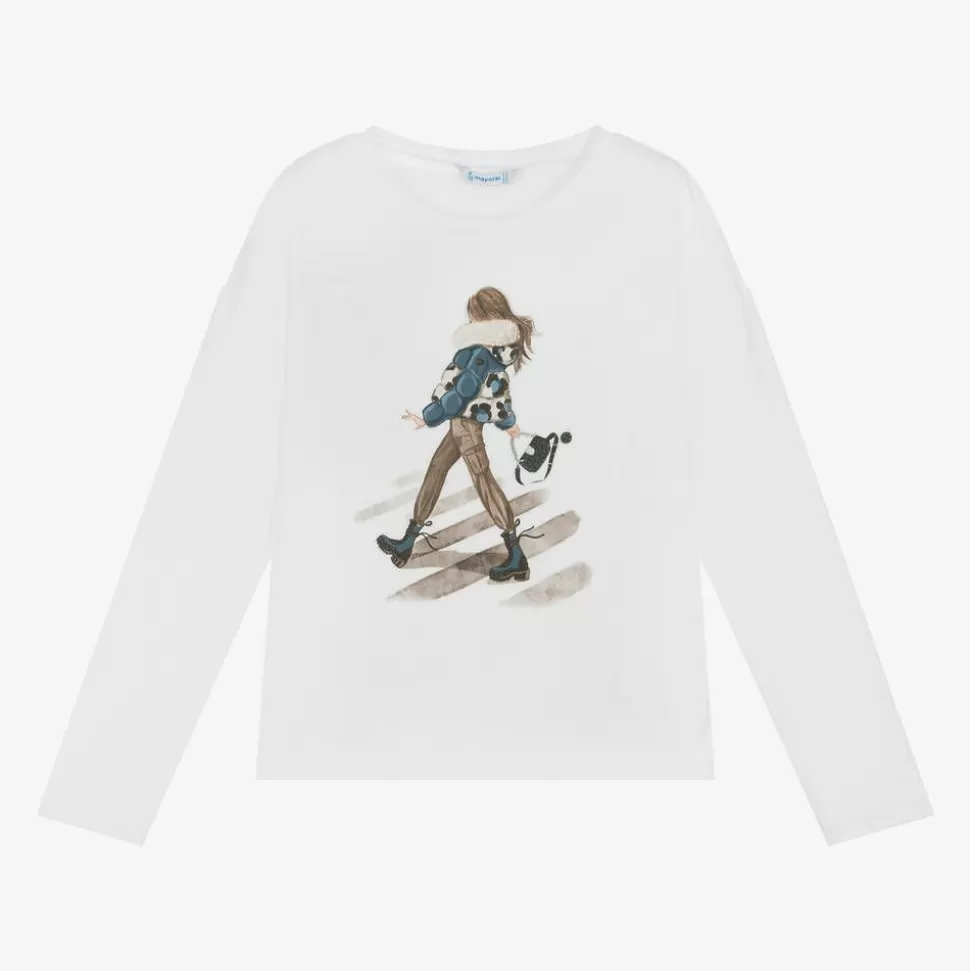 Mayoral Girls White Cotton Girl Graphic Top^ Tops