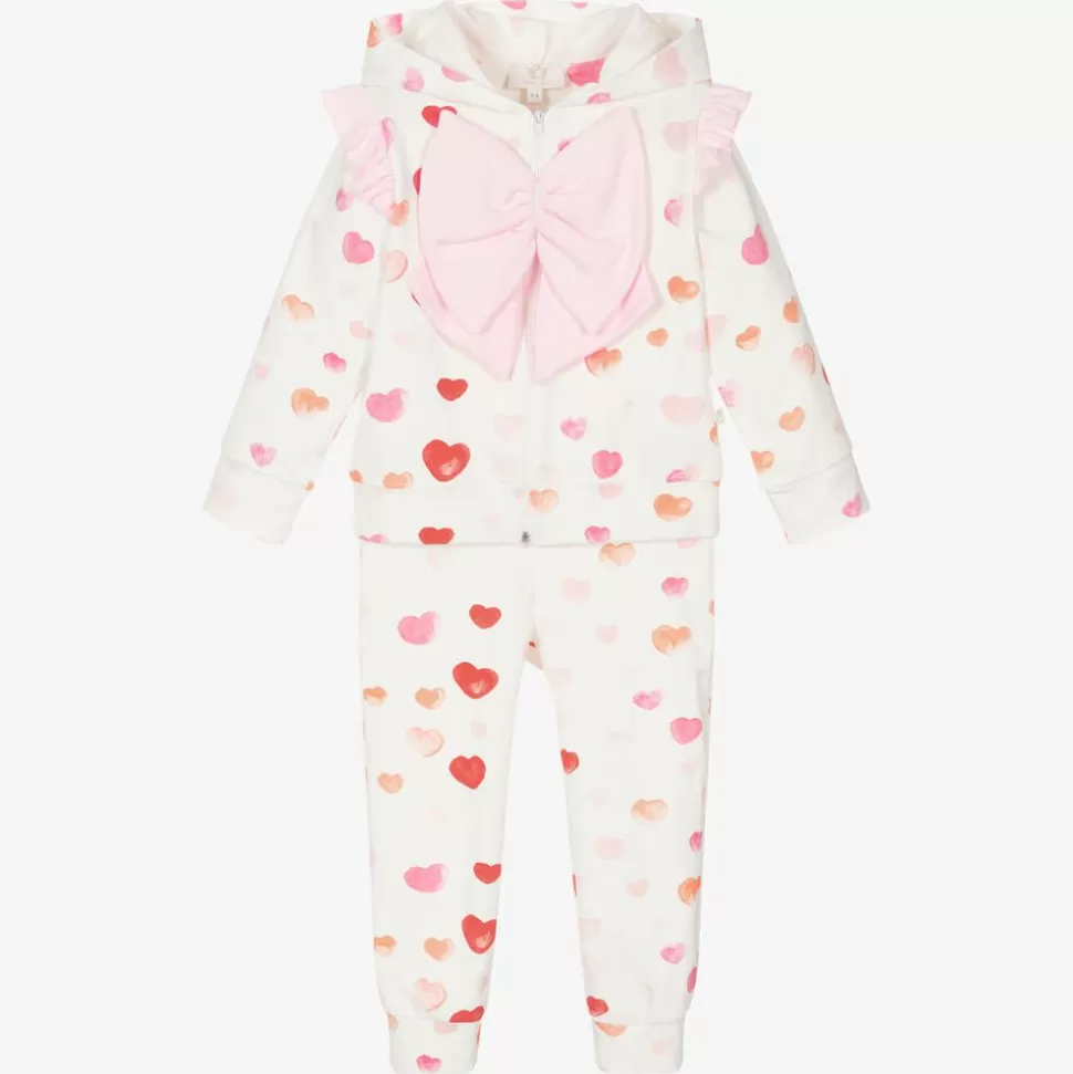 Caramelo Kids Girls White Cotton Heart Print Tracksuit^ Tracksuits