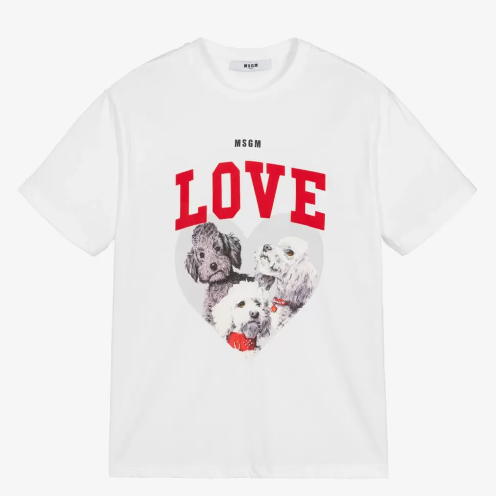 MSGM Girls White Cotton Puppy T-Shirt^ Tops