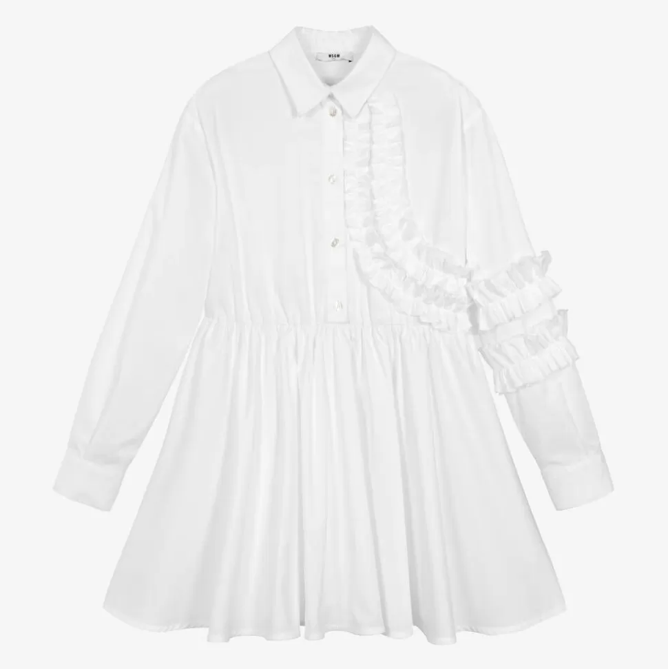 MSGM Girls White Cotton Ruffle Shirt Dress^ Dresses